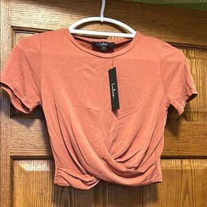 Lulu's Terracotta Twist-Front Short Sleeve Top